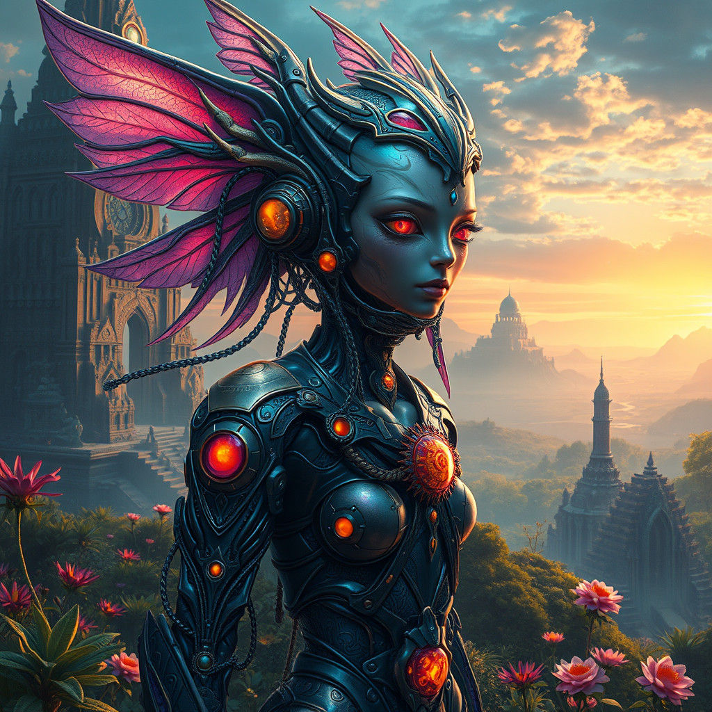 Mystical Biomechanical Being in Fantasy Landscape