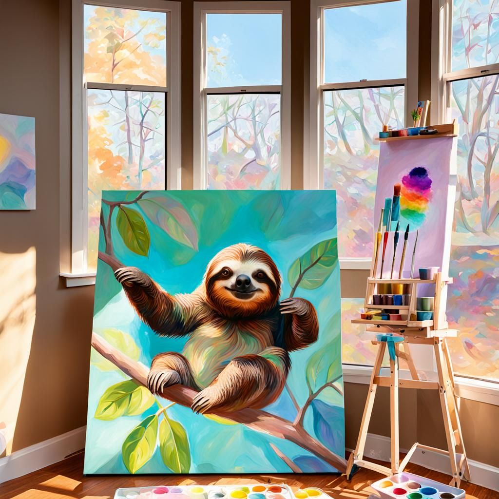 A sloth emerging from a life-size art canvas in three dimens...
