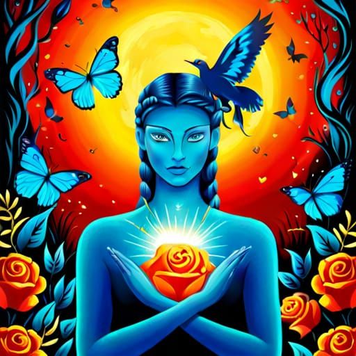 girl with birds, flowers, fairytale, magic realism, mysterio...