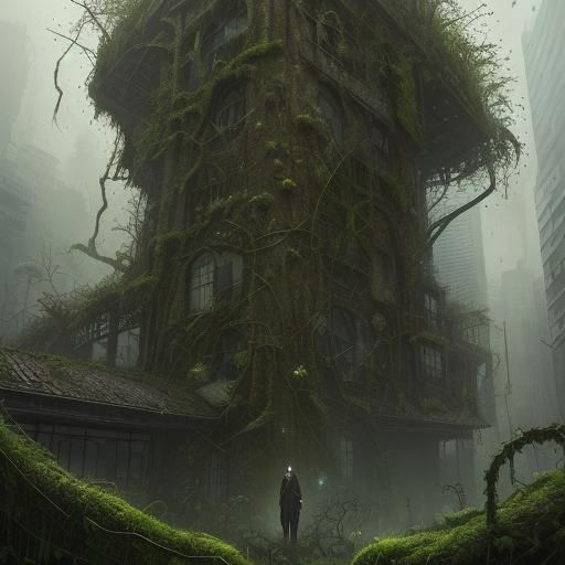Overgrown city covered in vines and moss