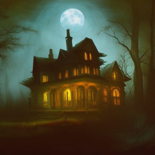 Ghost in a Haunted house under the full moon;

triadic color...