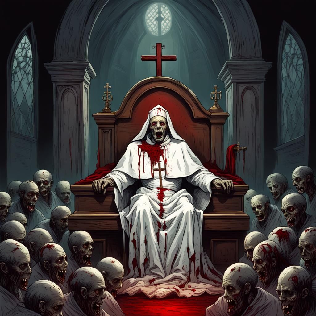 bloody rotting christian zombie pope in white clothes in cof...