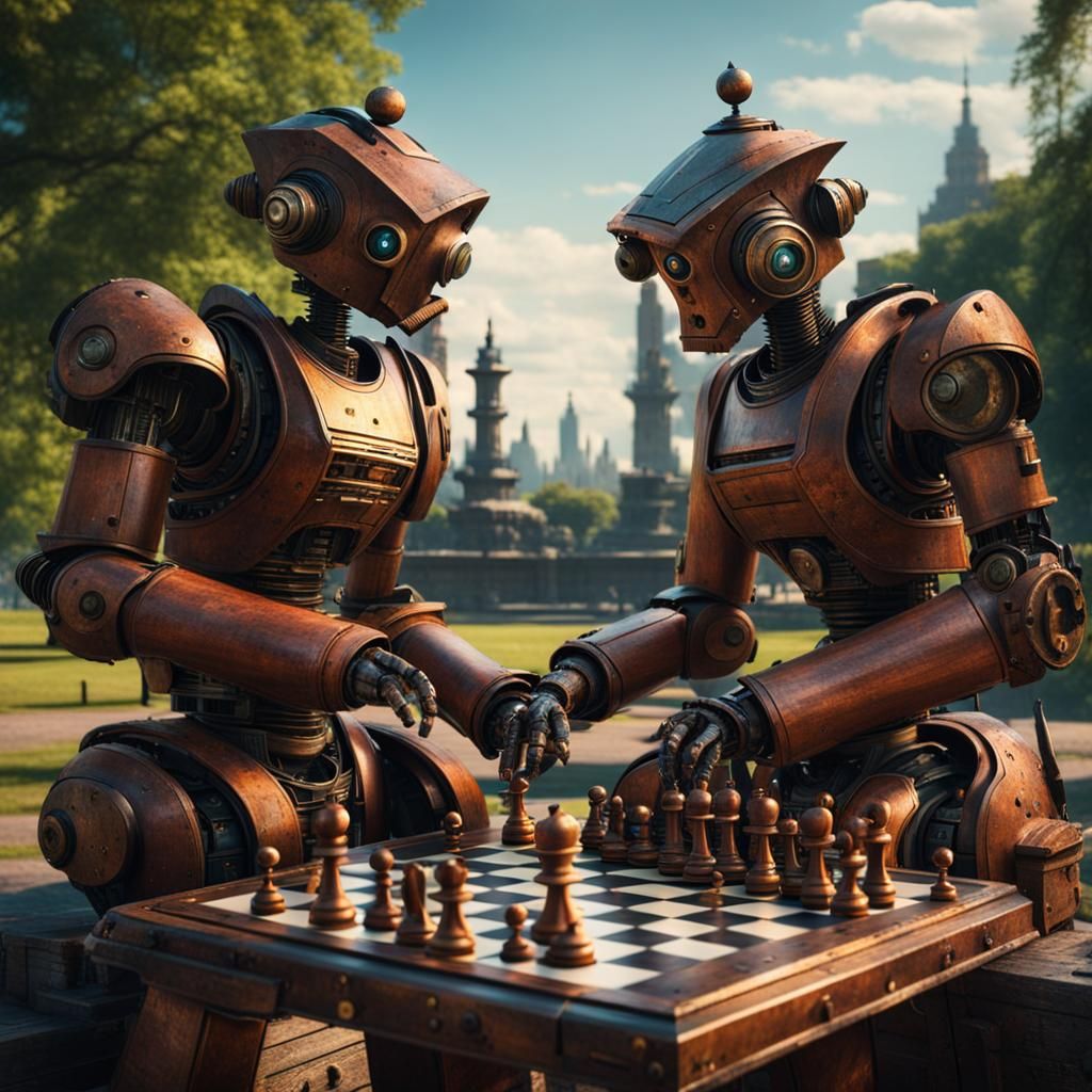Old robots playing chess  by @Laevos