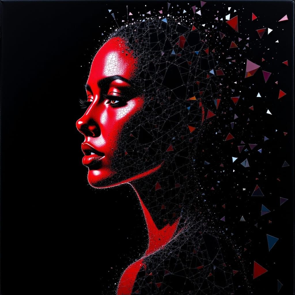 <lora:Shattered:1.0> shattered abstract portrait on black velvet, contrast, red_tears coming out of eye