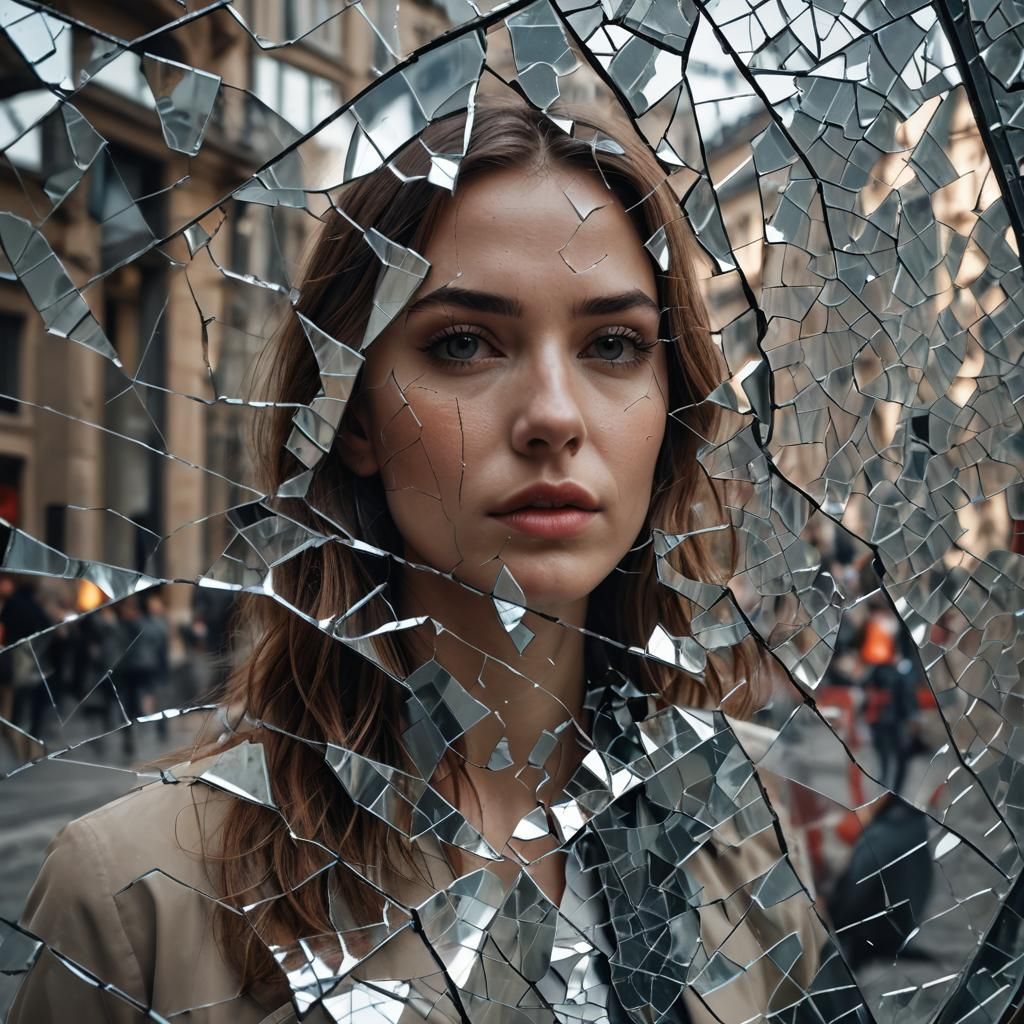view of the reflection of a young beautiful woman in the cra...
