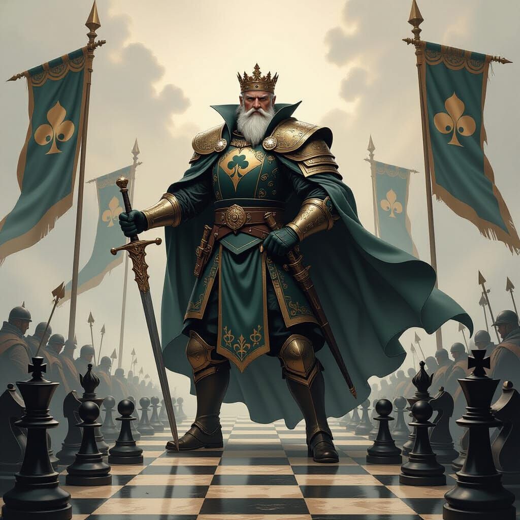 The King of Clubs reimagined as a wise military strategist, standing on a battlefield of chessboard patterns, surrounded by banners of clubs...