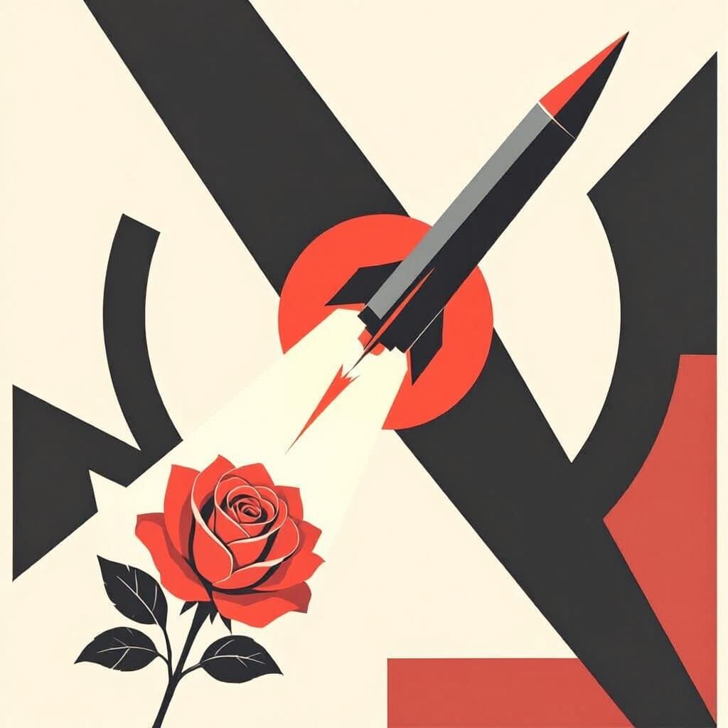 A soviet constructivist style album cover. A stark, geometric composition. A sharp, black triangle representing a rocket pierces a delicate,...