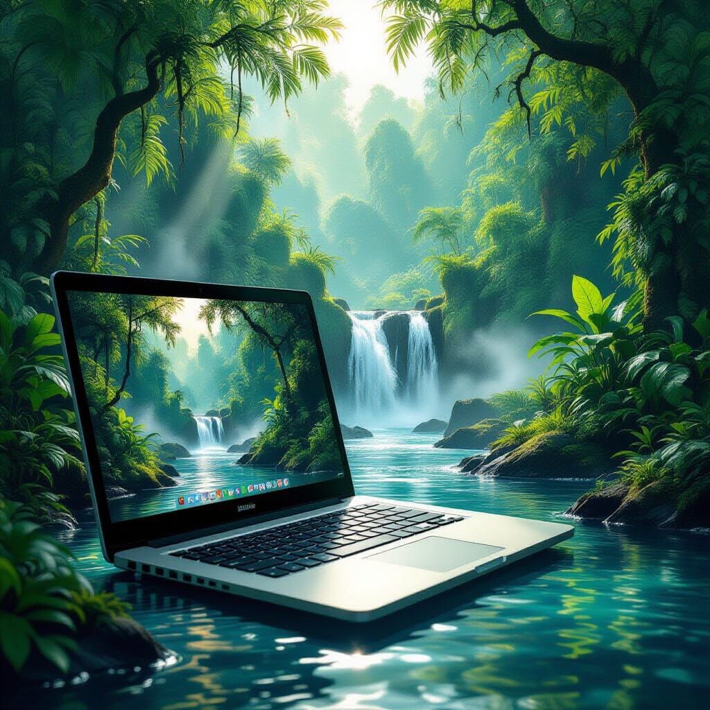 Laptop Displays Jungle River Scene