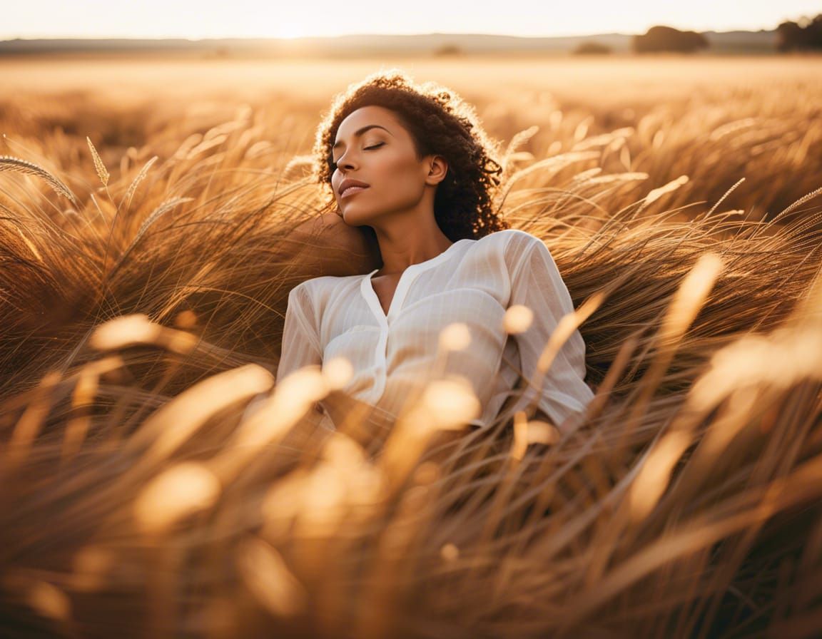 a woman peacefully lying in a field of dry grass surrounded by the beauty of nature