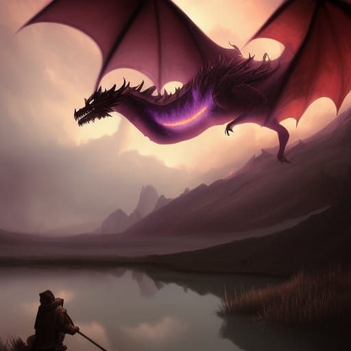 a dark brown dragon breathing purple fire onto a lake in the...