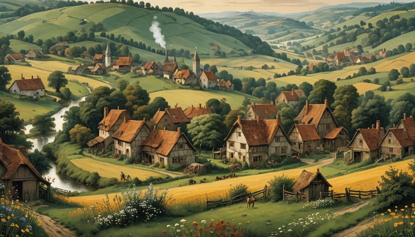 landscape with flowers and farmhouses at sundawn by artist Pieter Bruegel  by @Red