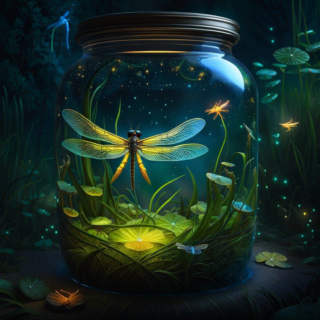 dragonflies trapped in an intricate glass jar  by @Kindly Offer