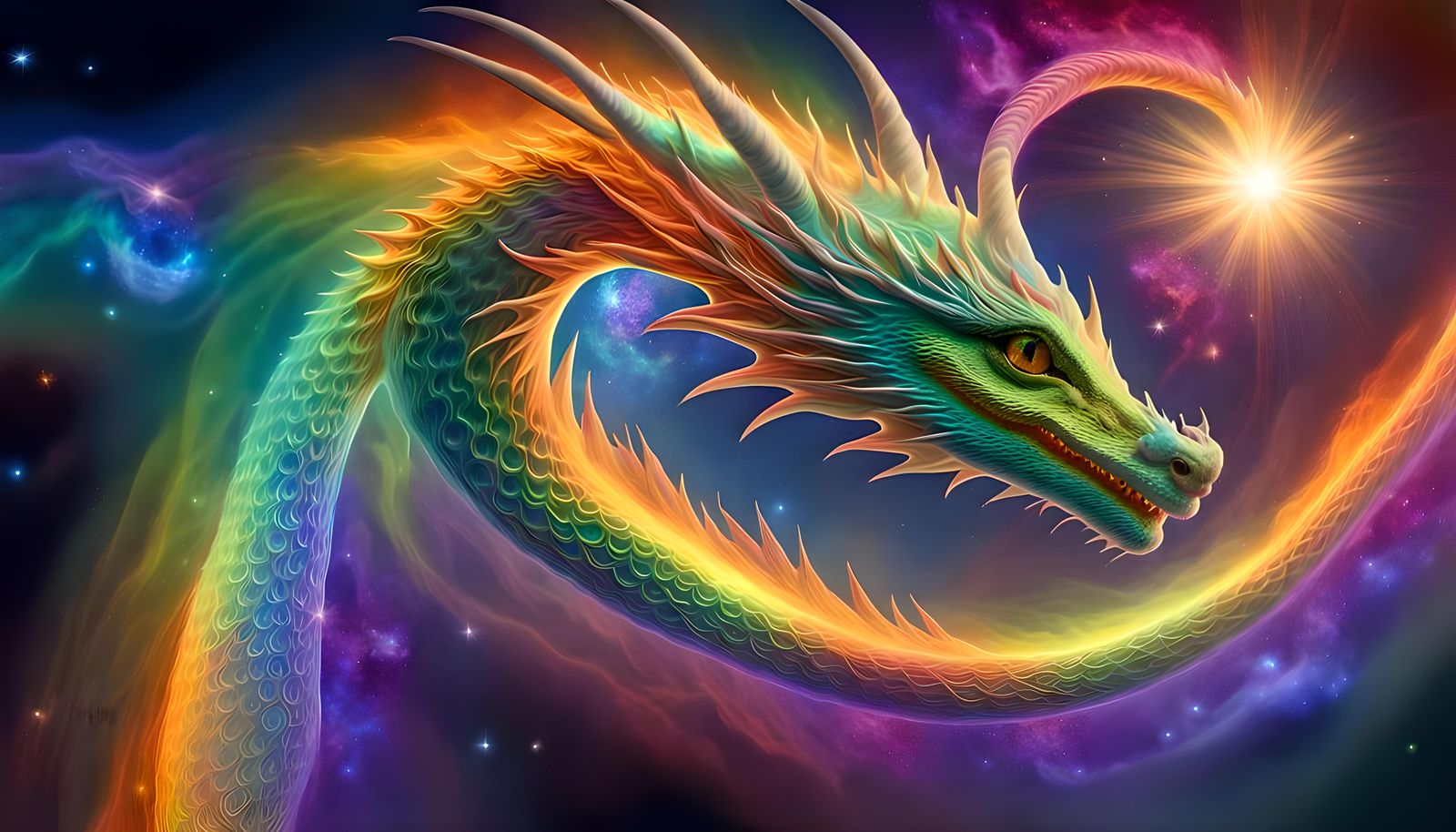 Rainbow Dragon Helix in Cosmic Starscape