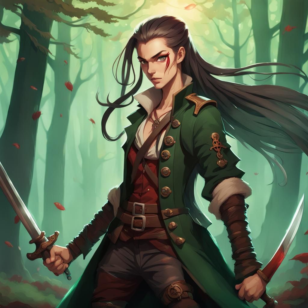 youthful androgynous warrior with long and dark green hair in a ...