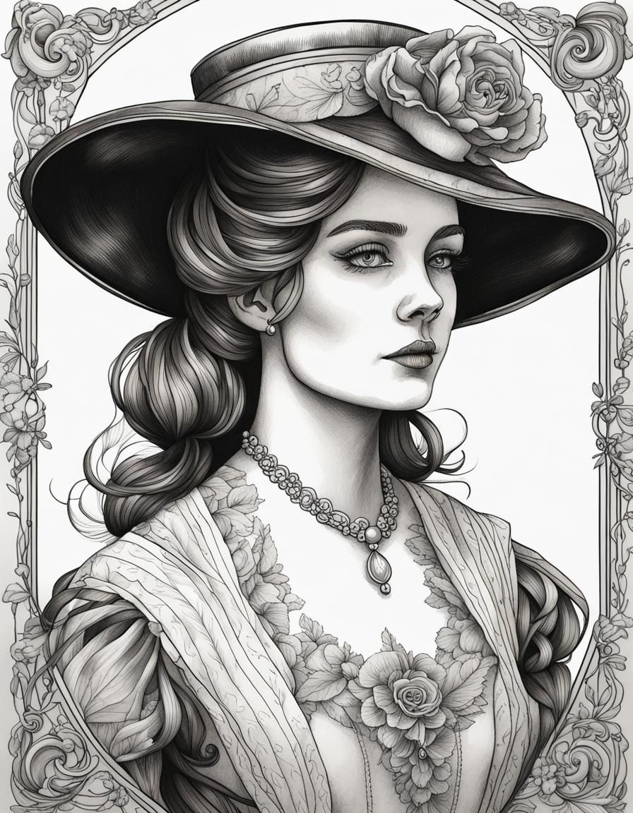 a portrait of a beautiful Victorian lady, line art style - AI Generated ...