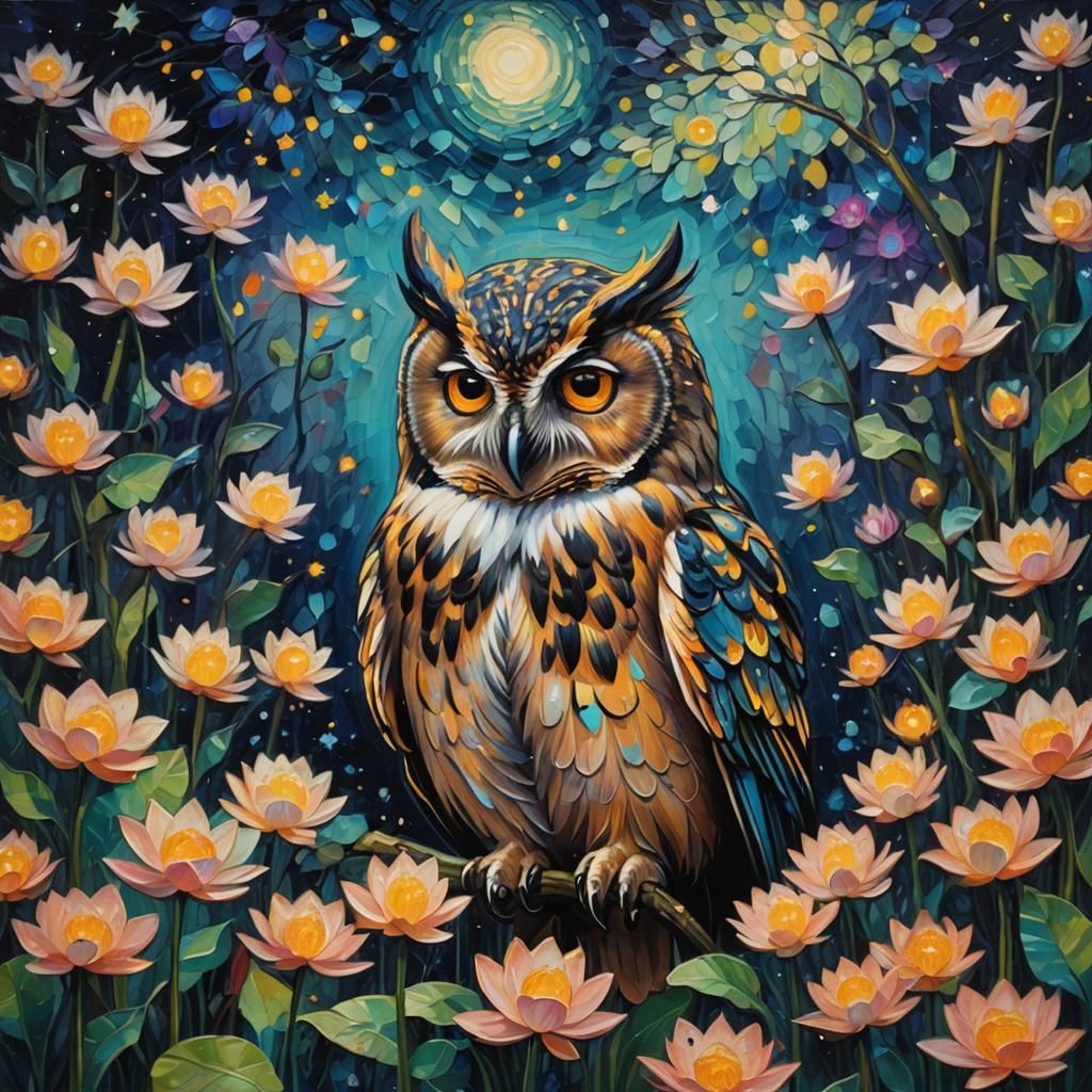 An Owl Resting in a Lotus Flower Garden