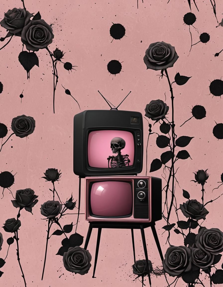Vintage pink television with solar exlipse, smoke, black ros...
