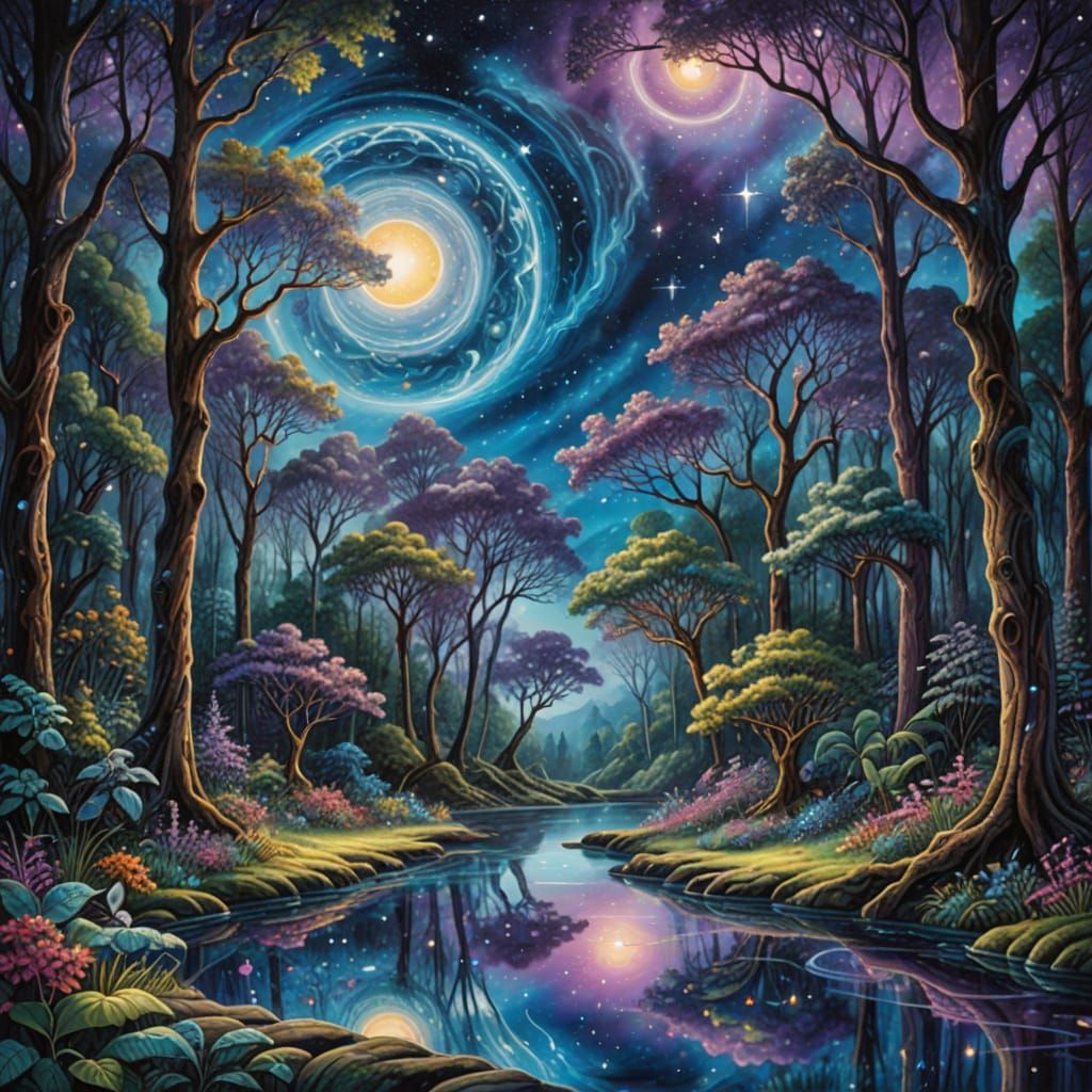 A serene forest clearing where the trees are made of swirling cosmic energy, their leaves like constellations. In the center, a pool reflect...