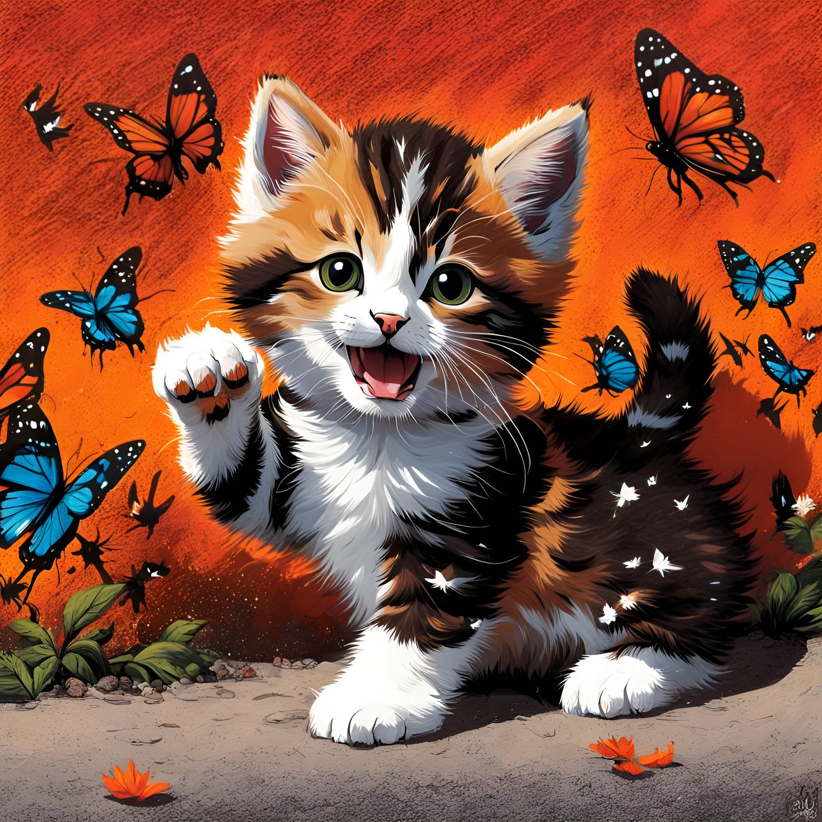Cute Kitten Playing with Butterflies: Splash Art Style