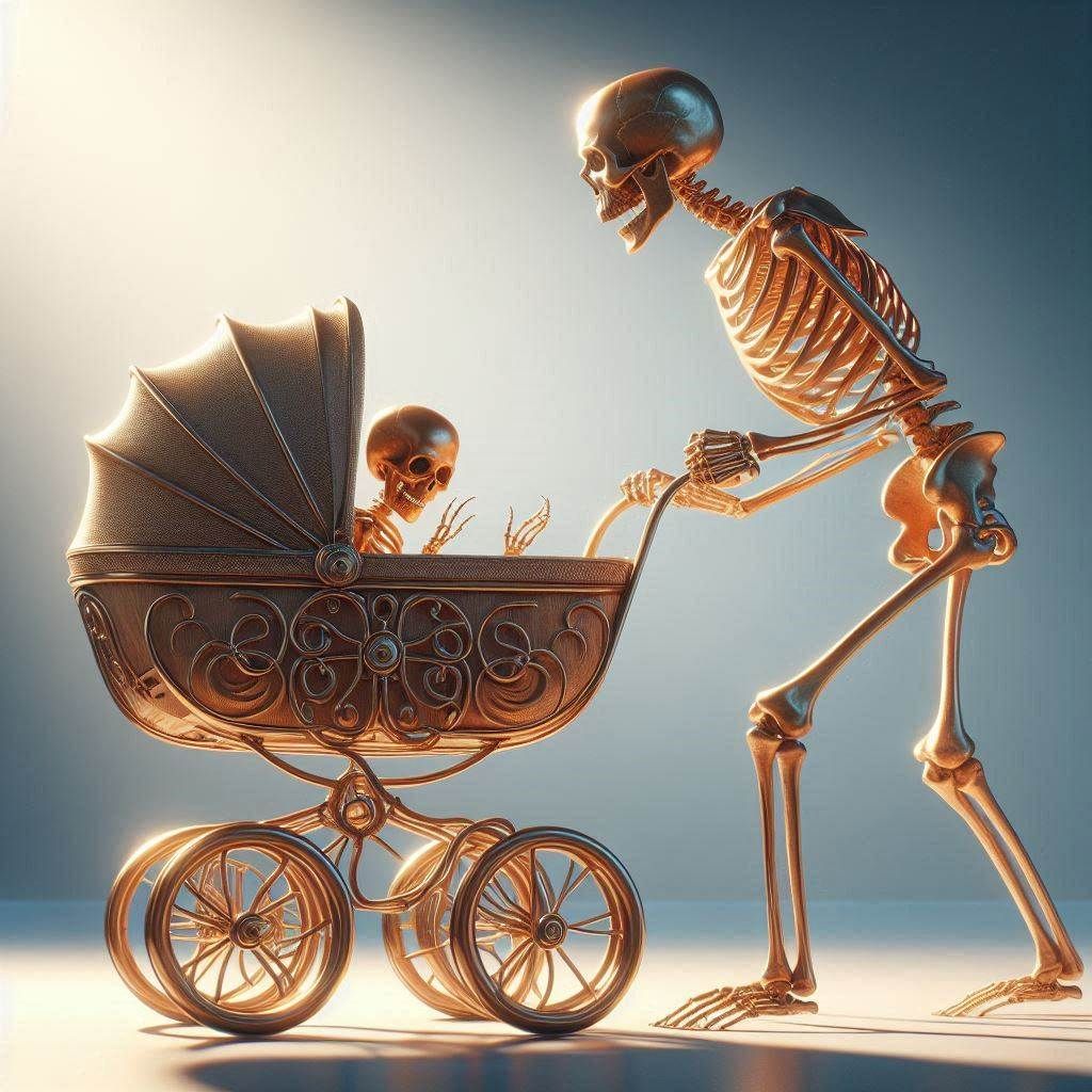 Skeleton and her baby in the pram