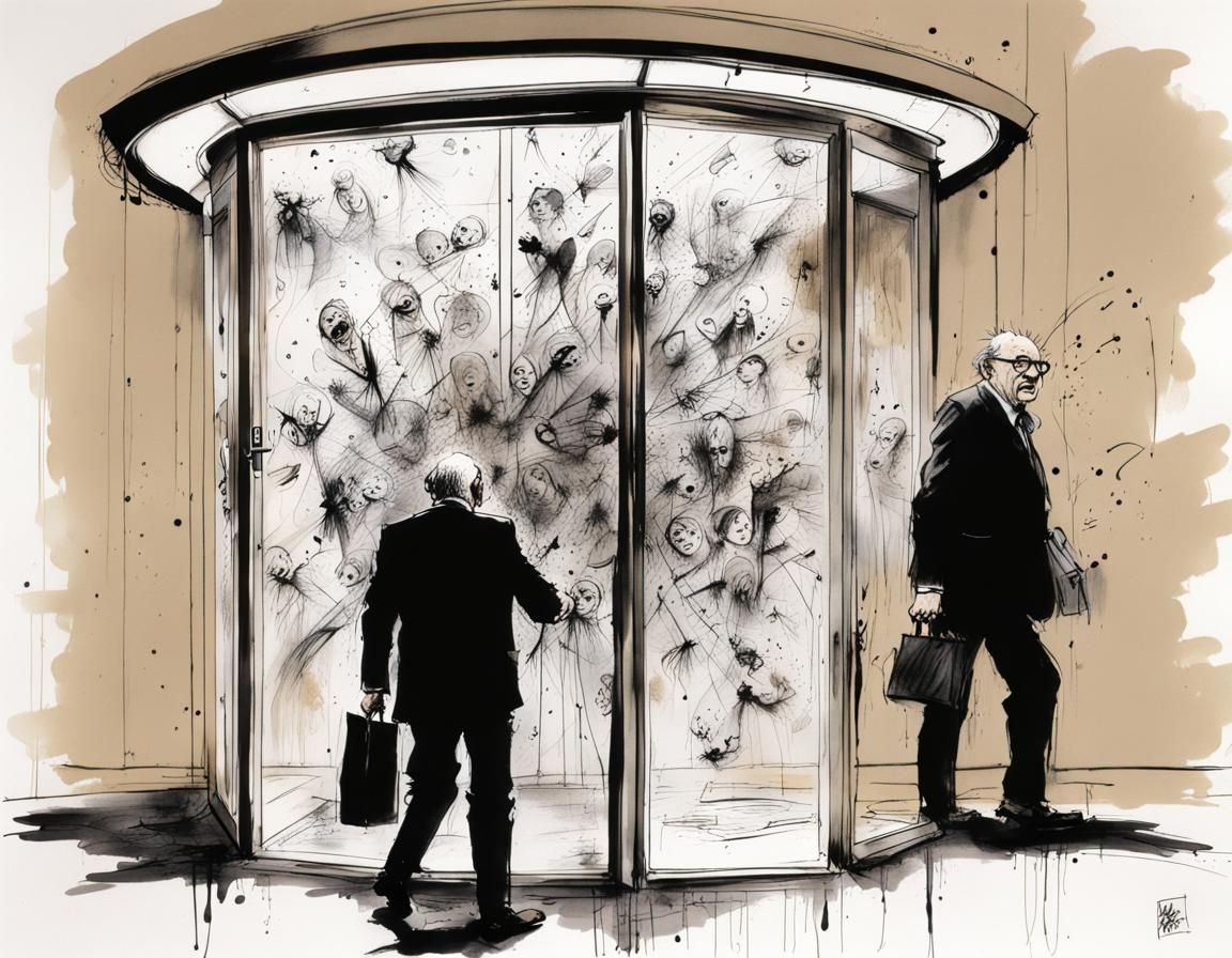 Politicians in a revolving door, illustrated by Ralph Steadm...