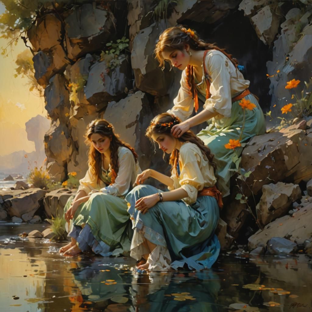 Painting by Pino Daeni of three young women at the water's e...
