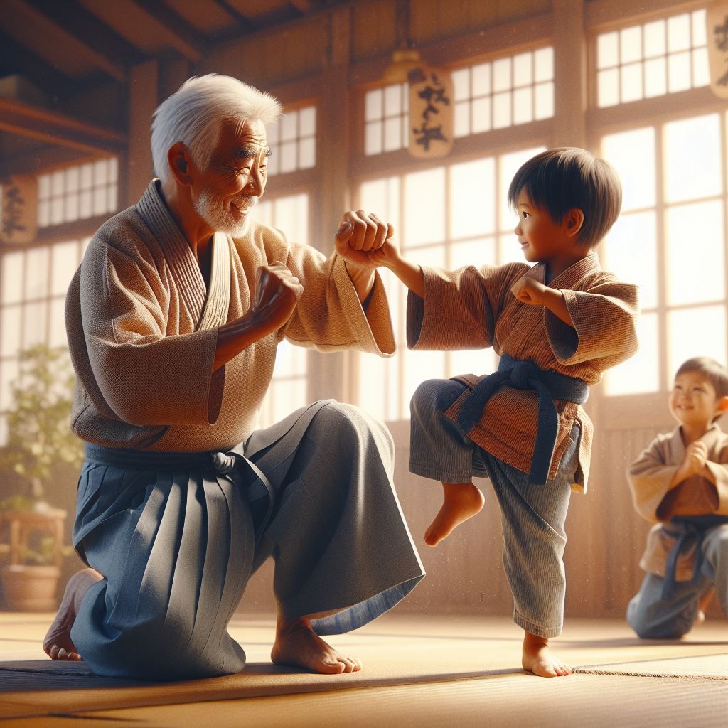JAPANESE GRANDFATHER TEACHING HIS GRANDSON MARTIAL ARTS
