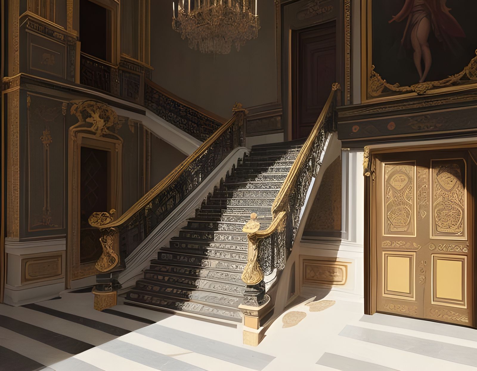 a gracious baroque stairway with intricate decorations - AI Generated