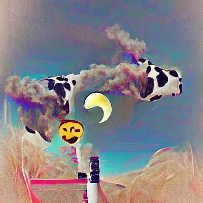 Surreal Composition: Cow, Gas, Arrow, Moon