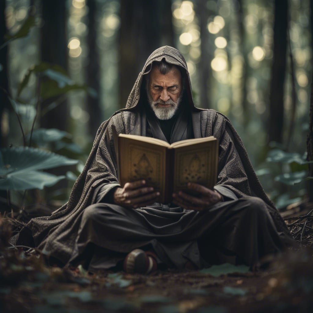 Jedi master reading a book. He is sitting in the lotus posit...
