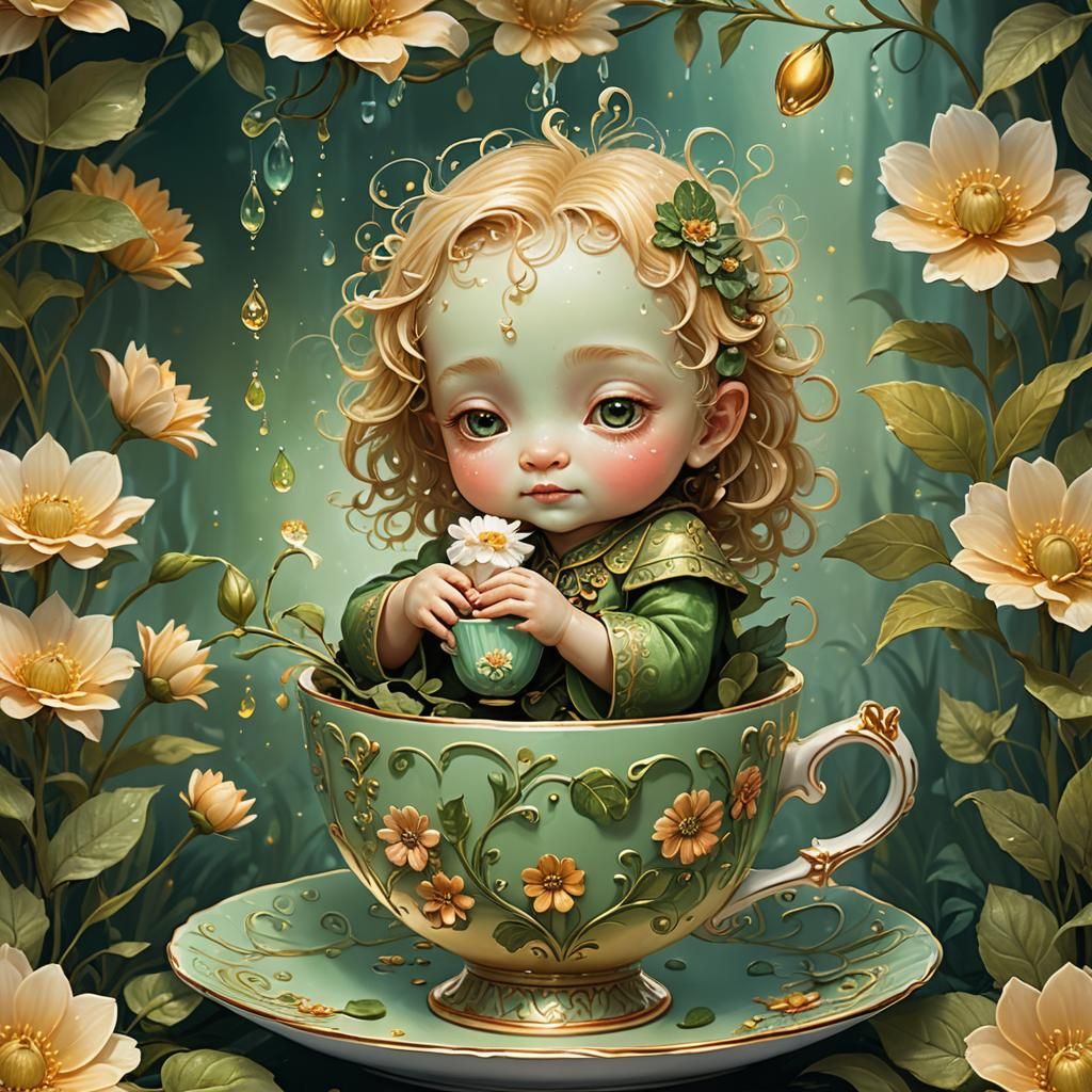 Flower Creature Squeezing Baby into Teacup: Fantasy Art