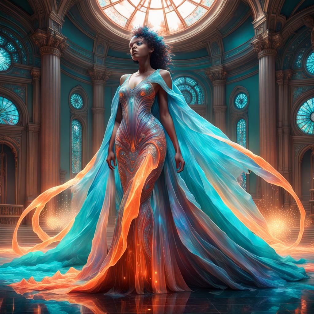 A full, floor-length, hyperdetailed, pearlescent, stunning d...