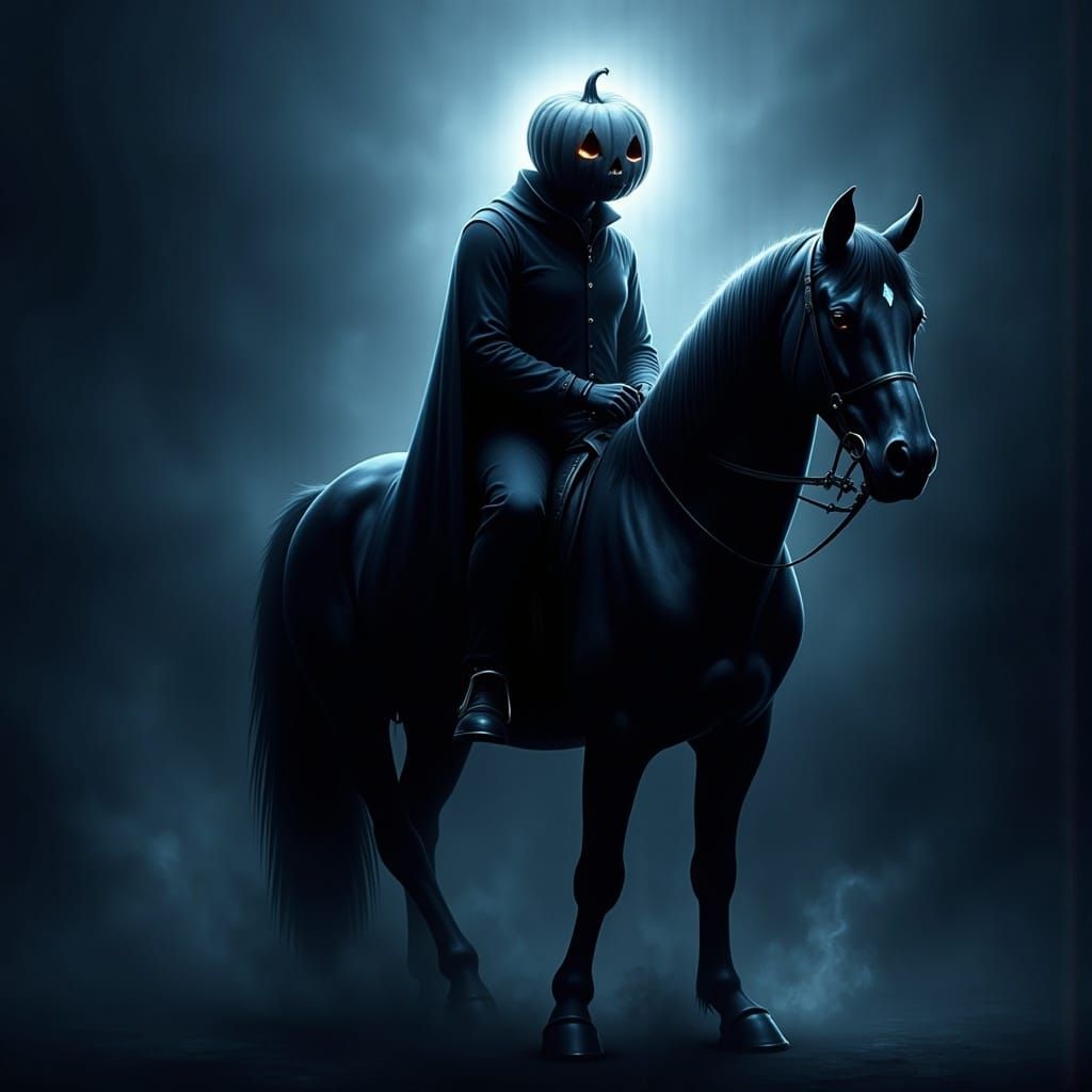Ultra realistic full body color pencil drawing of an ectoplasmic Headless Horseman riding a black horse in the style of a sinister creature...