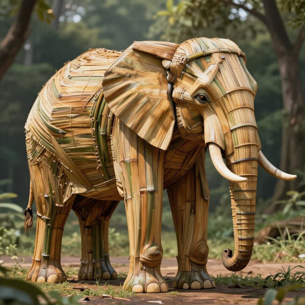 Photorealistic An elephant made from repeating bamboo segments  by @NeoWolf