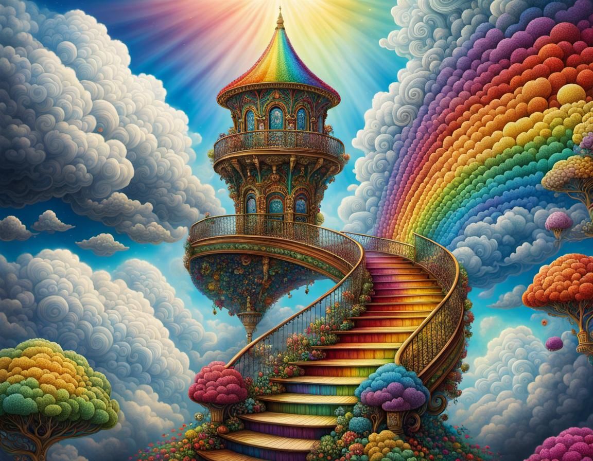 Rainbow Staircase Ascending to Sky: Dreamlike Digital Art