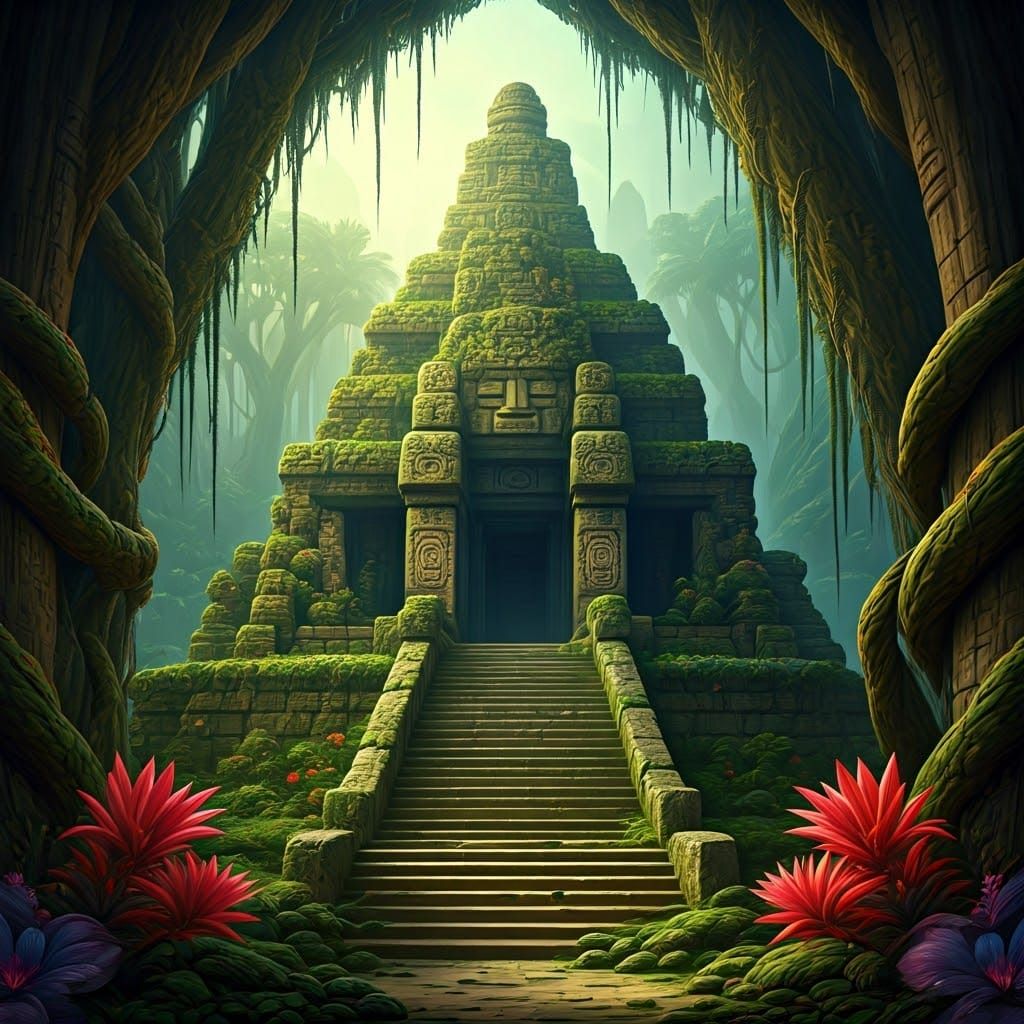 Ancient Temple in Vibrant Jungle, with Futuristic and Surrea...