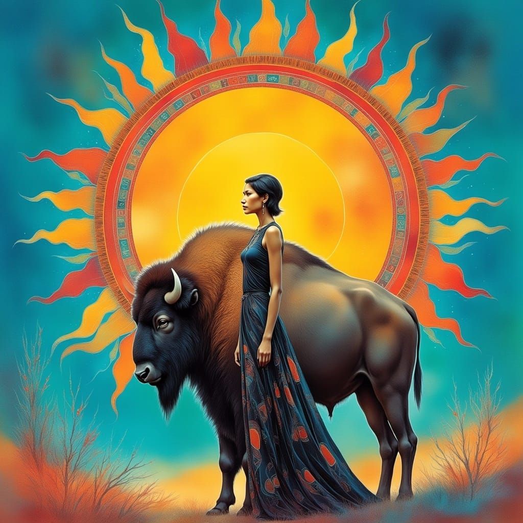 <lora:Archetypal Images:1.0> A woman and a bison in front of a large ornate detailed sun with halos and runes
