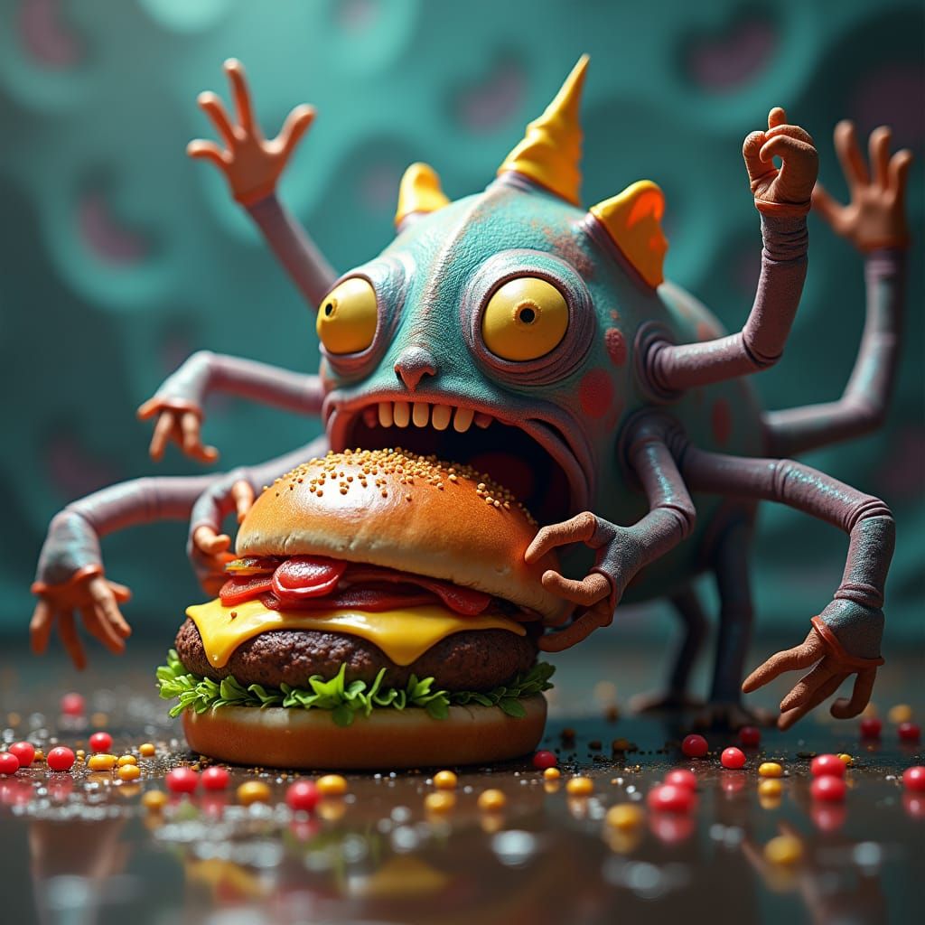 Iridescent Creature Enjoys a Sad Burger