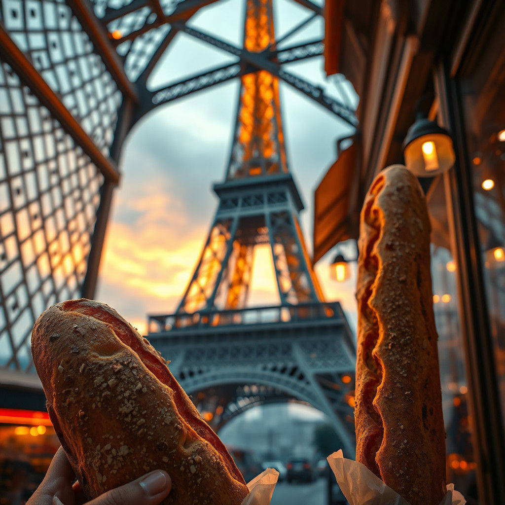 Eiffel Tower Restaurant with Baguette in Dreamlike Style