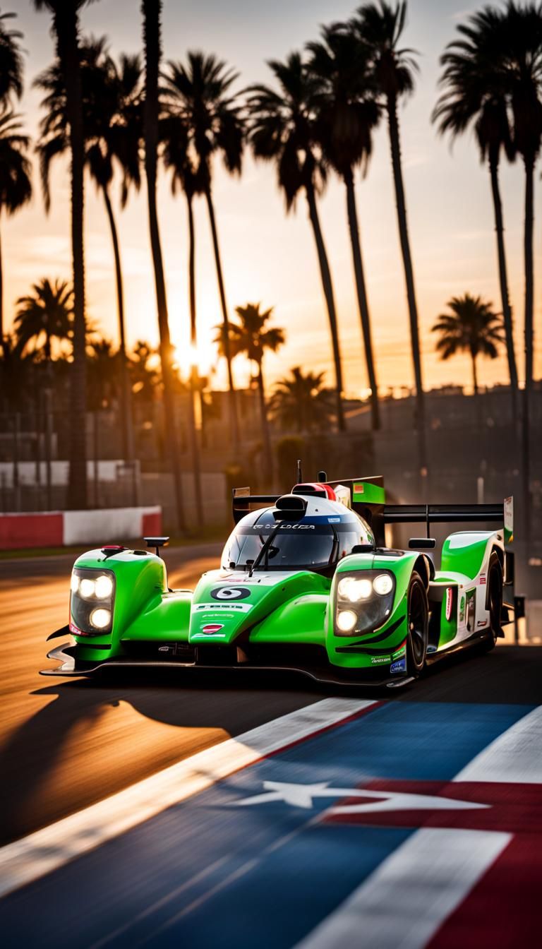 Hyperrealistic photo of a lmp2 car white and green, palm tre...
