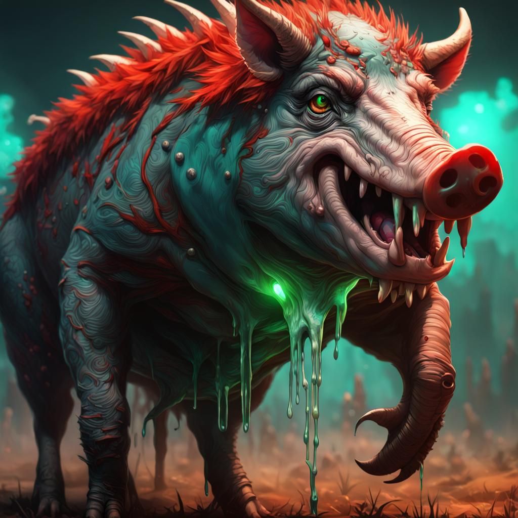 Large Evil Razorback Hog With Large Tusks And Glowing Green And Red 