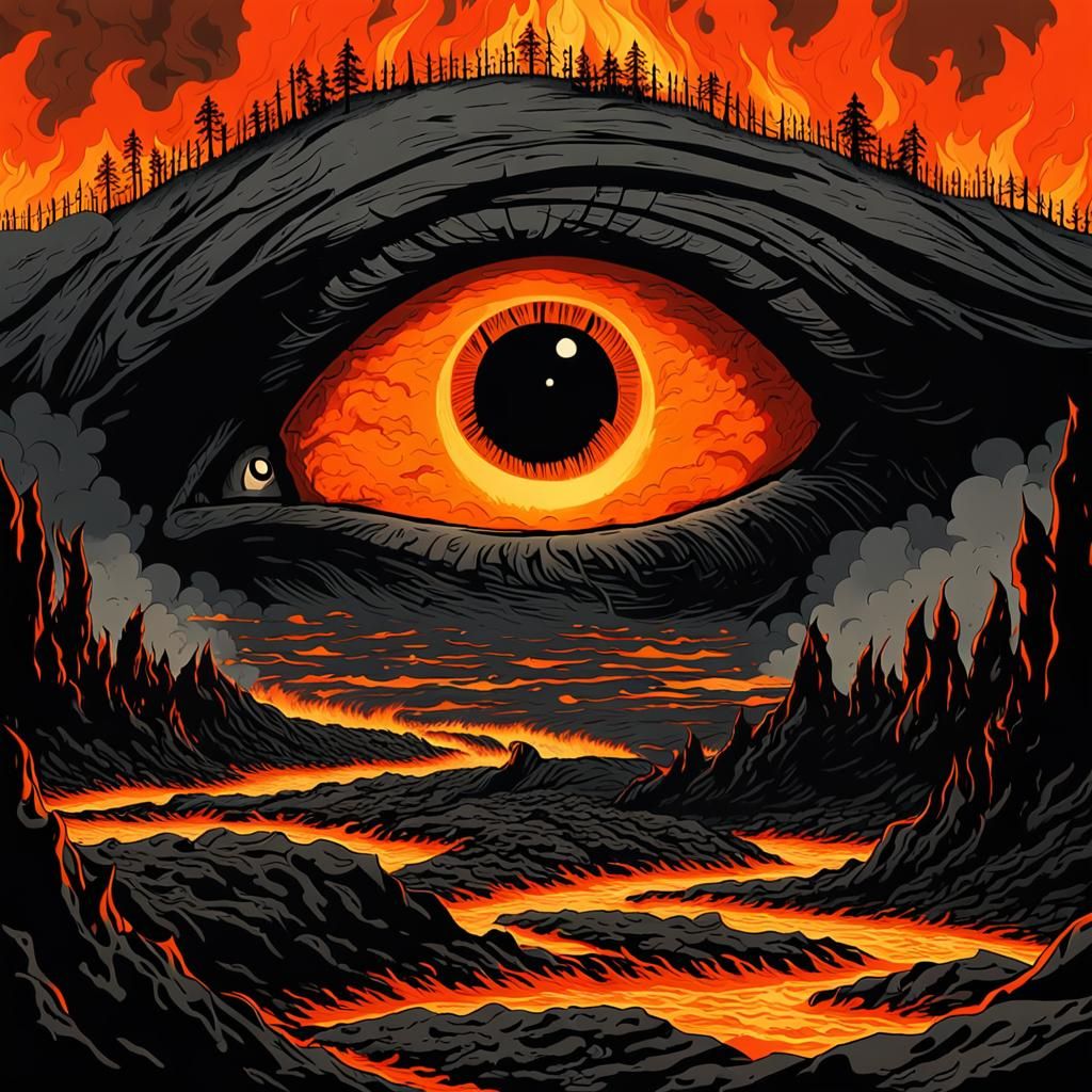 3️⃣ A movie poster of an eye with lava flowing out, the iris...