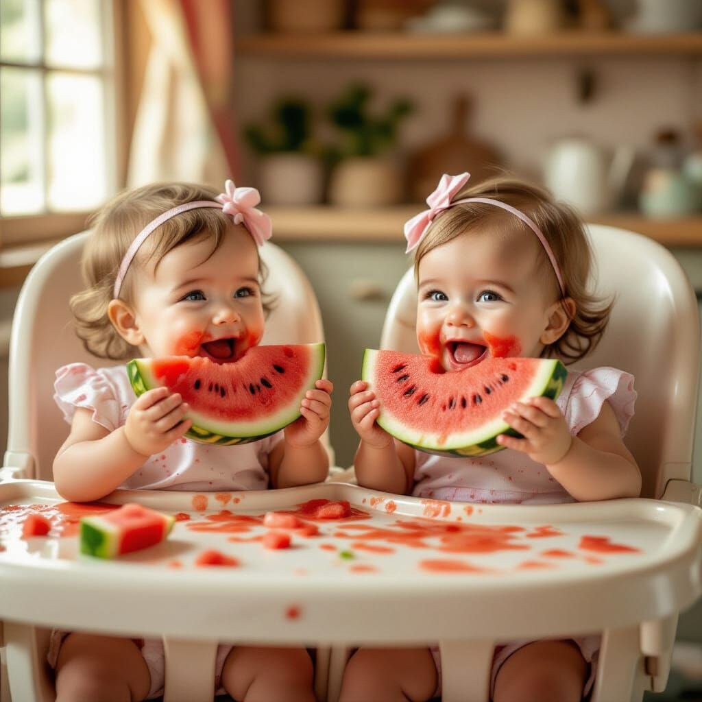 Joyful Babies Eating Watermelon in Illustrative Style