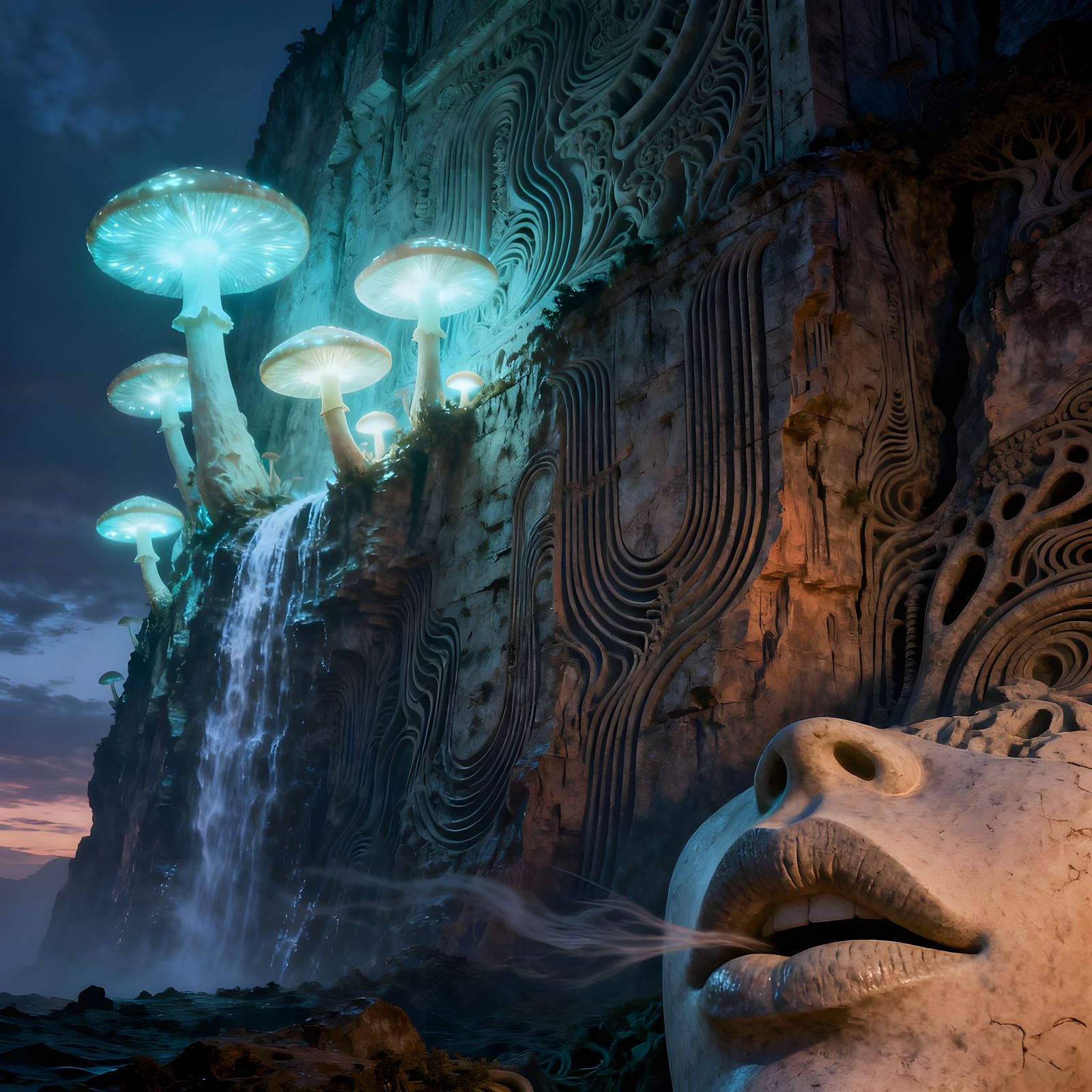 Ancient Cliff with Bioluminescent Mushrooms and Whispering L...