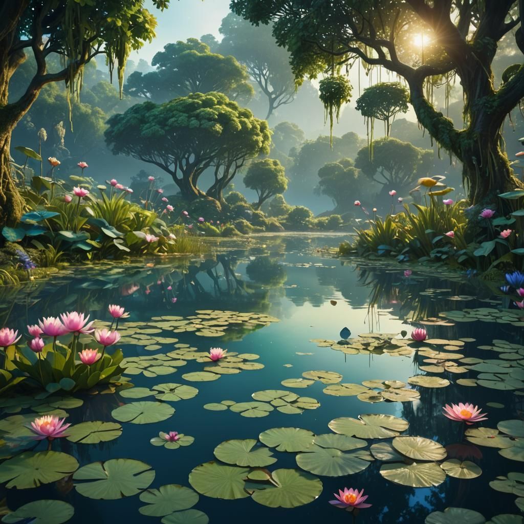 a perfect composition of a lake sorrounded by plants