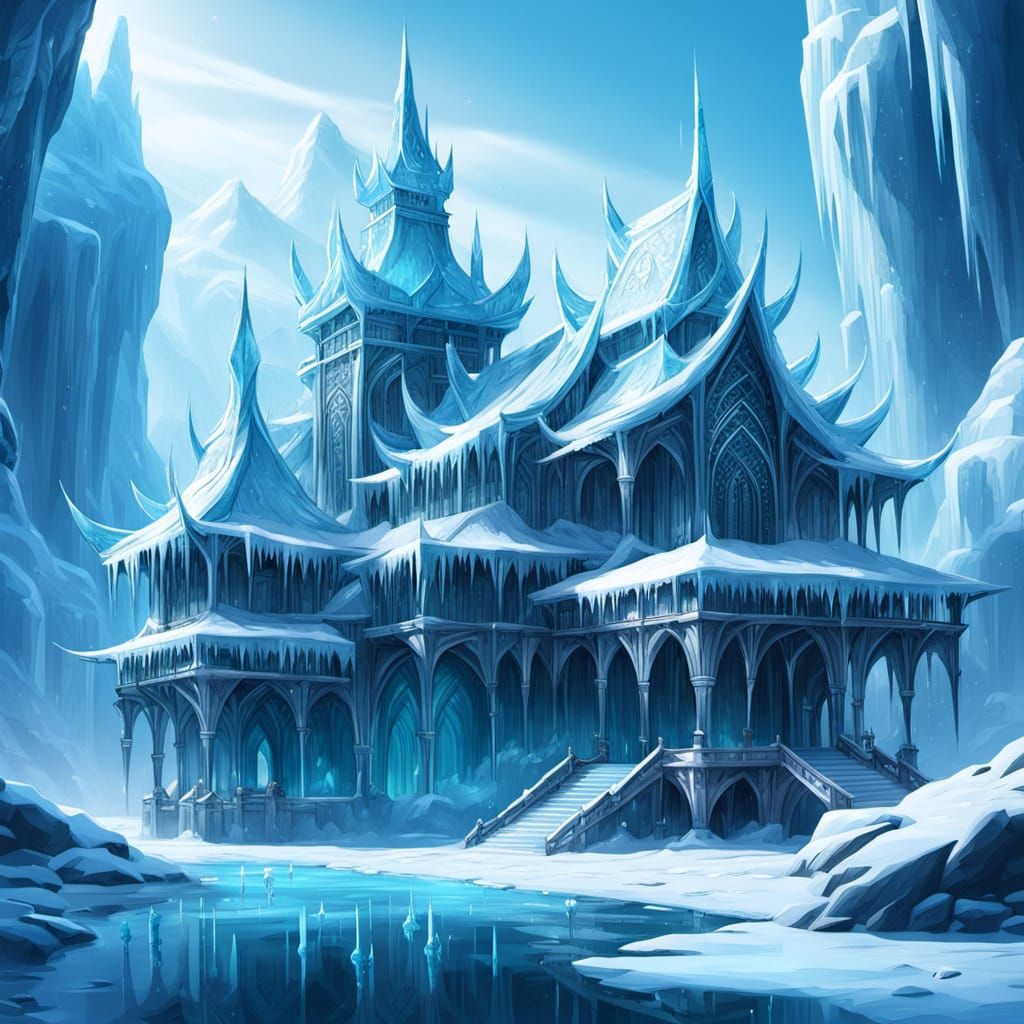 Detailed concept art of a mysterious fantasy ice palace or temple in a frozen realm. The structure features intricate wooden architecture wi...