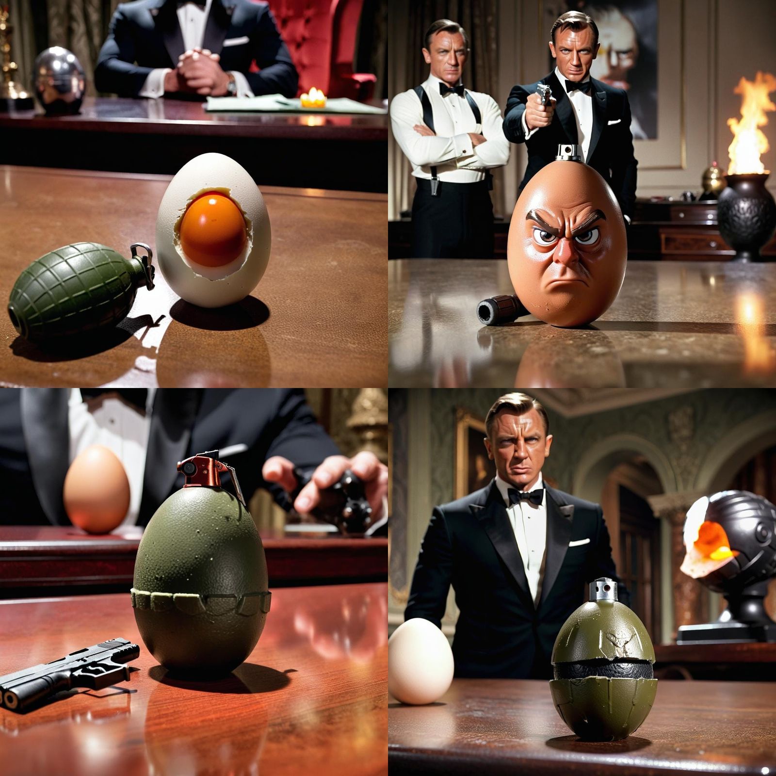 An angry egg hand grenade on a table with James Bond in the ...