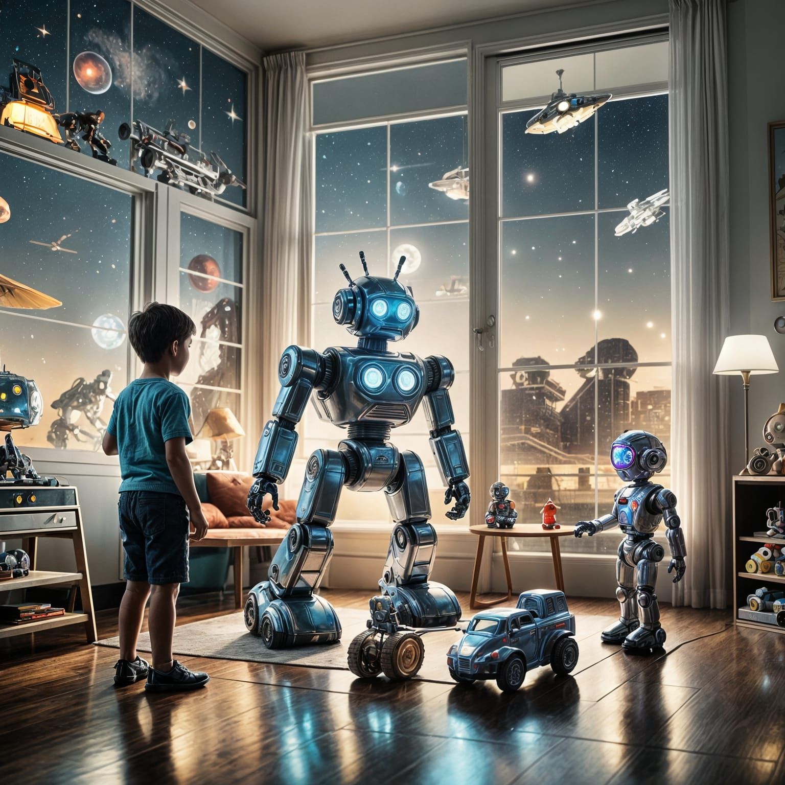 The scene is a classic 1950's style playroom. Mid scene, A human child plays with a very realistic but ...  by @WayneOh