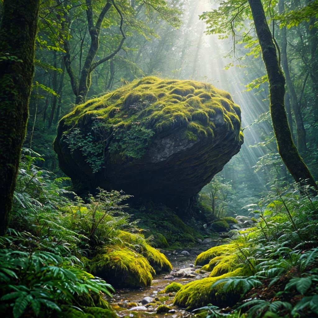 Mossy Forest Rock Illuminated by Sunlight