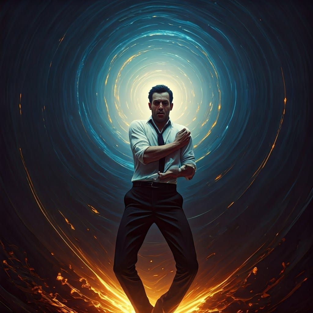 Man Engaged in Intense Exercise in Surreal Setting